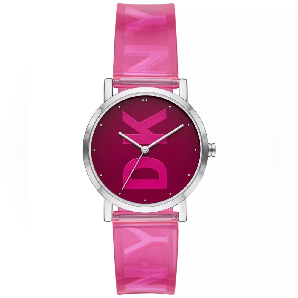 DKNY Soho Pink Polyurethane Womens Watch 34mm Polished Silver-tone Case